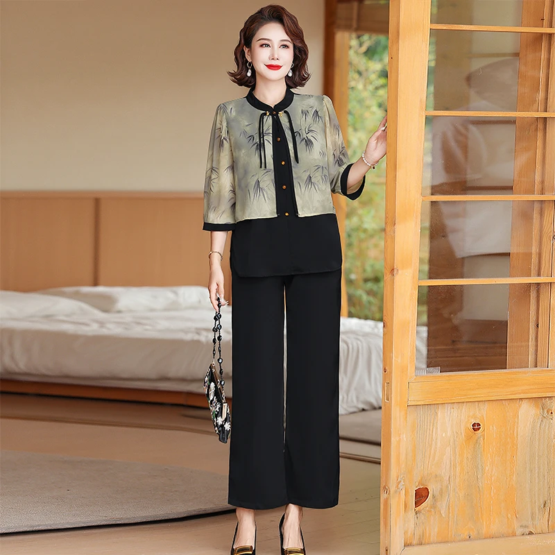 母亲节妈妈夏装套装七分袖上衣洋气中老年女新中式国风小衫两件套