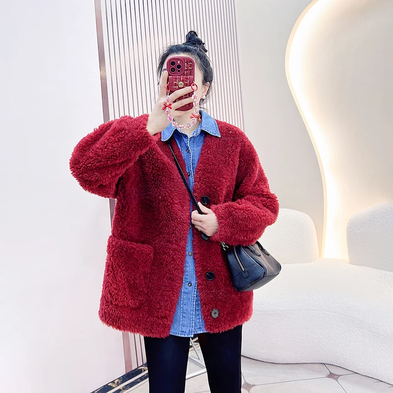 新款女款V领加厚冬季外套中长款气质简约温柔慵懒绵羊毛大衣2507