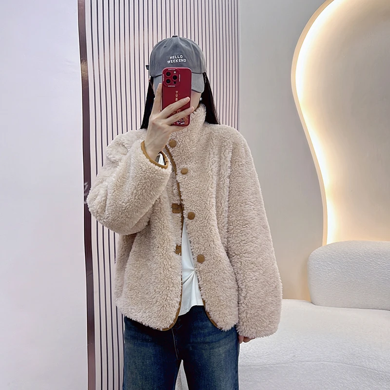 秋冬时尚翻立领正反两穿100%绵羊毛复古宽松时尚女士休闲外套2520