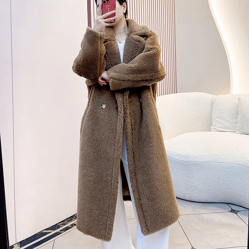 “泰迪”Max进口骆驼绒女士秋冬皮毛大衣长款羊羔毛绵羊毛网红外套