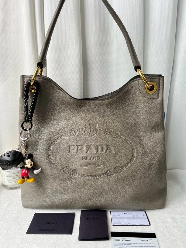 95新 Prada/普拉达 灰棕色牛皮印花托特包单肩包腋下包