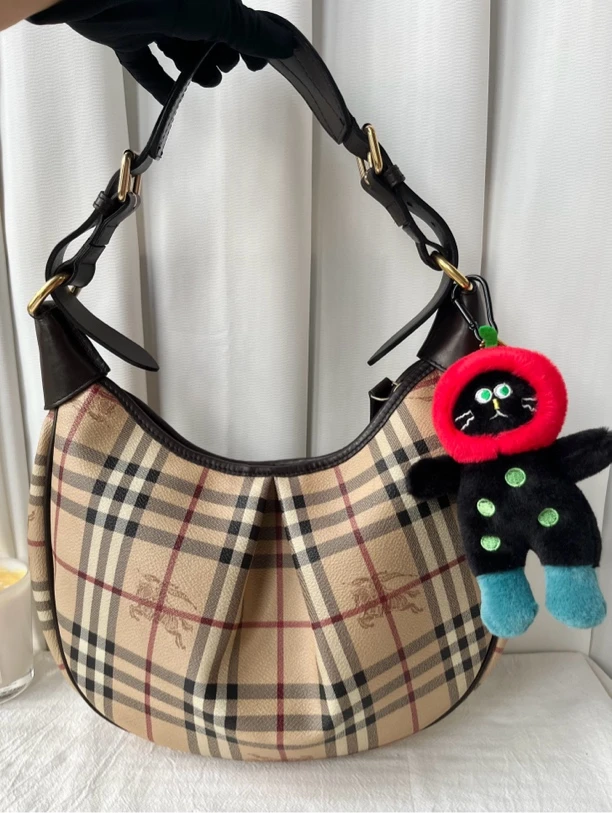 95新 BURBERRY/博柏利 巴宝莉经典战马格纹hobo手提单肩包腋下包