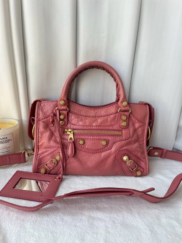 95新 Balenciaga/巴黎世家 西柚色迷你机车包手提单肩斜挎包