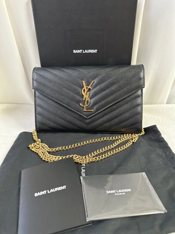 99新 YSL/圣罗兰 经典黑色鱼子酱中号信封包单肩包斜挎包链条包
