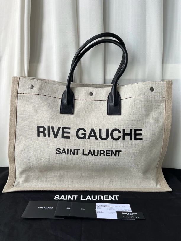 95新 YSL/圣罗兰 米色RIVE GAUCHE大号亚麻托特包手提包