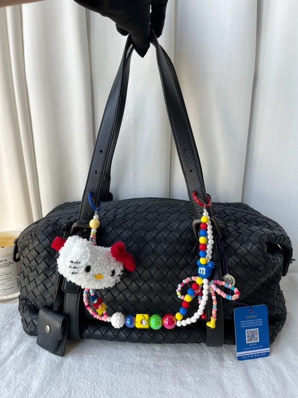 95新 BOTTEGA VENETA/葆蝶家 BV黑色编织波士顿手提单肩包腋下包