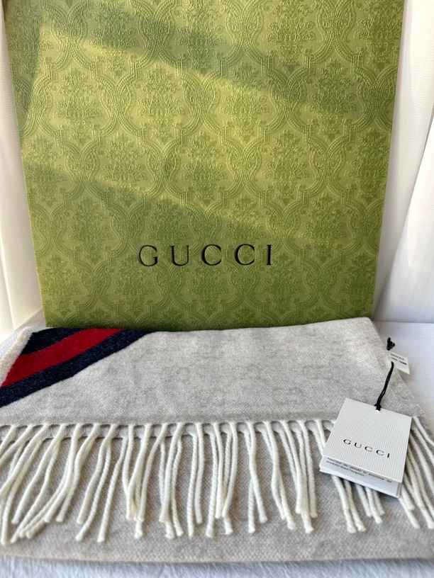 全新未使用 GUCCI/古驰 经典老花红蓝织条流苏保暖羊绒围巾