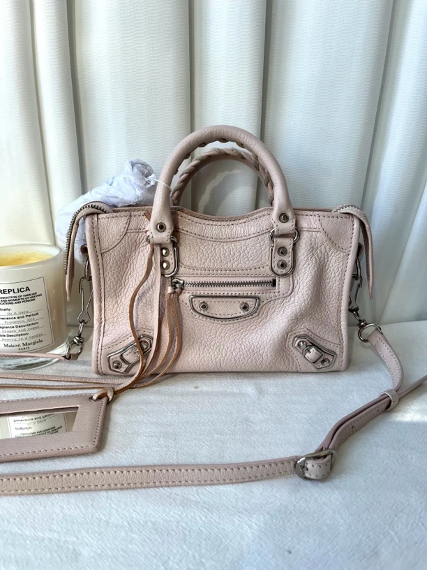 99新 Balenciaga/巴黎世家 浅粉色迷你机车包手提单肩斜挎包