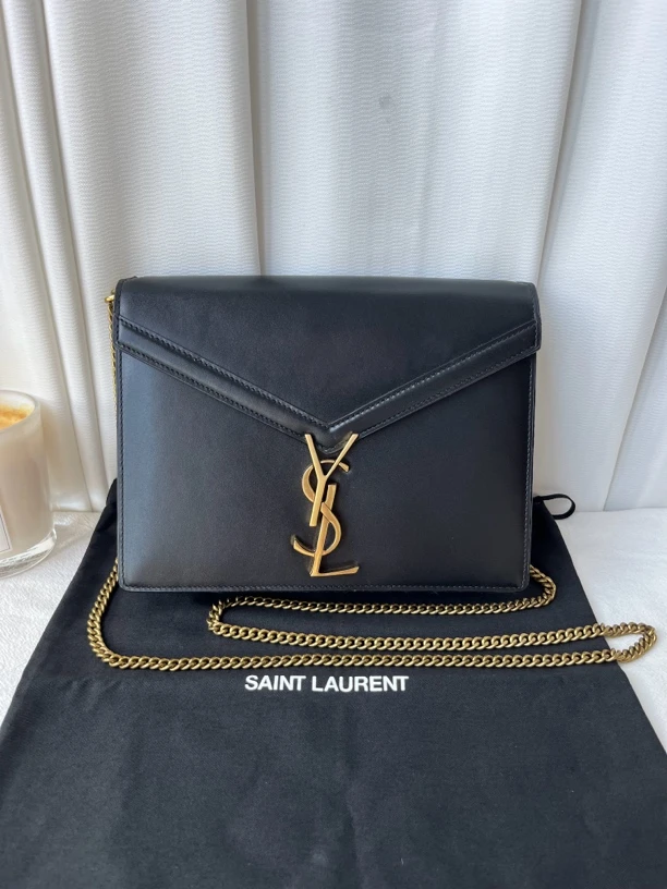 95新 YSL/圣罗兰 黑色牛皮翻盖风琴包信封包单肩斜跨包链条包