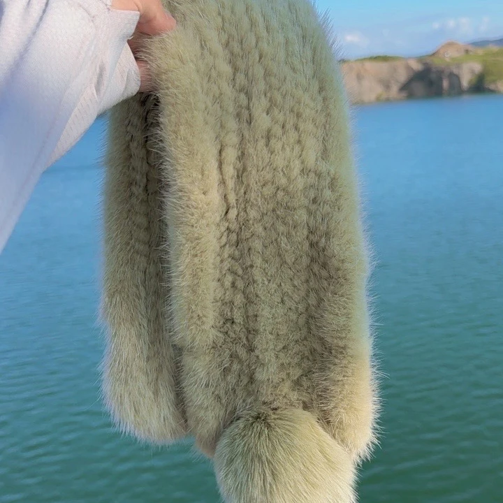 冬双面水貂围巾 真毛可爱球球保暖围脖 加密编织真毛围巾