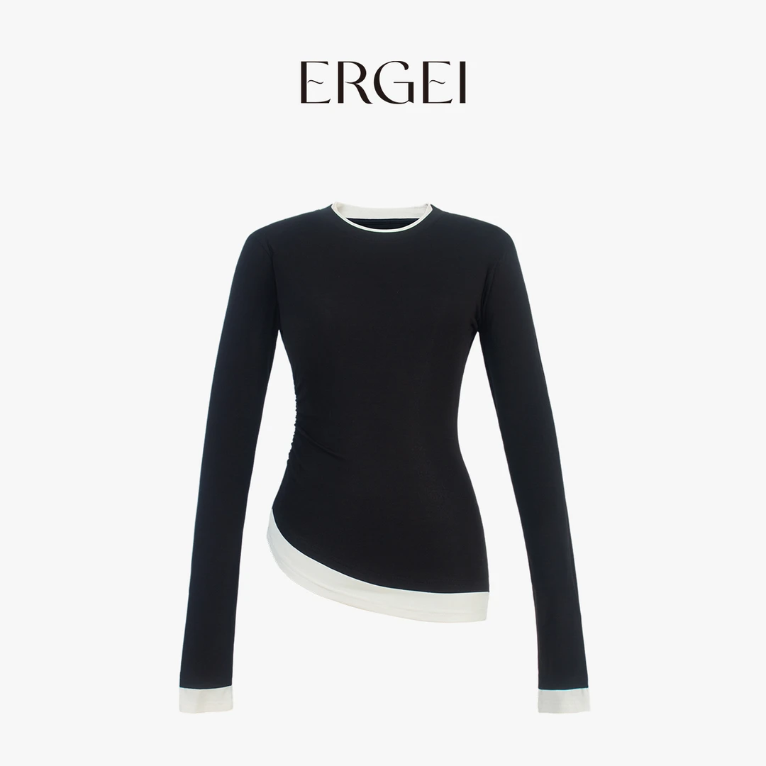 尔给春夏新品假两件不规则T恤长袖拼接圆领女士修身时尚撞色经典