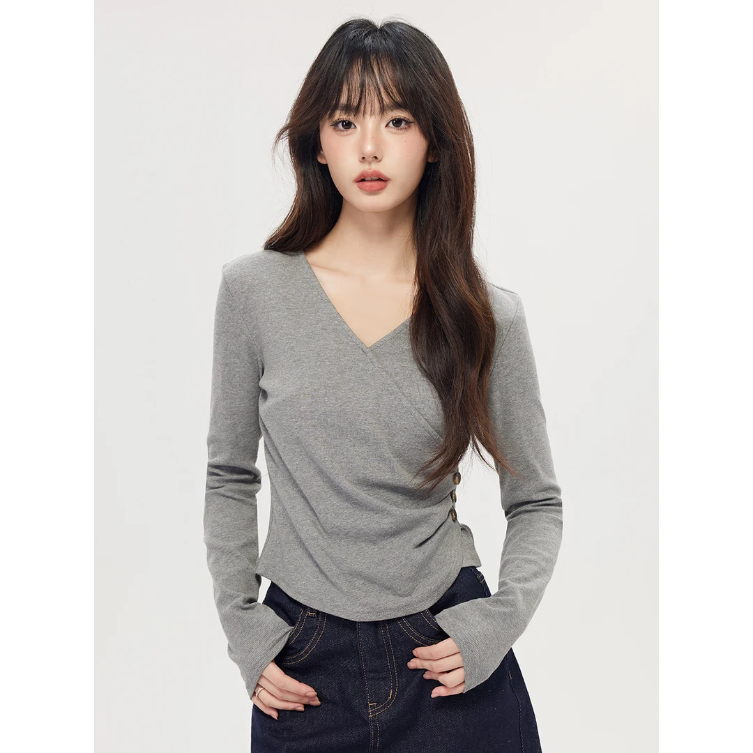 秋季新款V领长袖T恤气质针织修身显瘦设计感