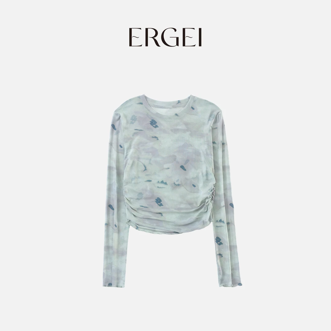 【绿野仙踪】防晒罩衫扎染短款长袖时尚女士印花提花套头网纱上衣