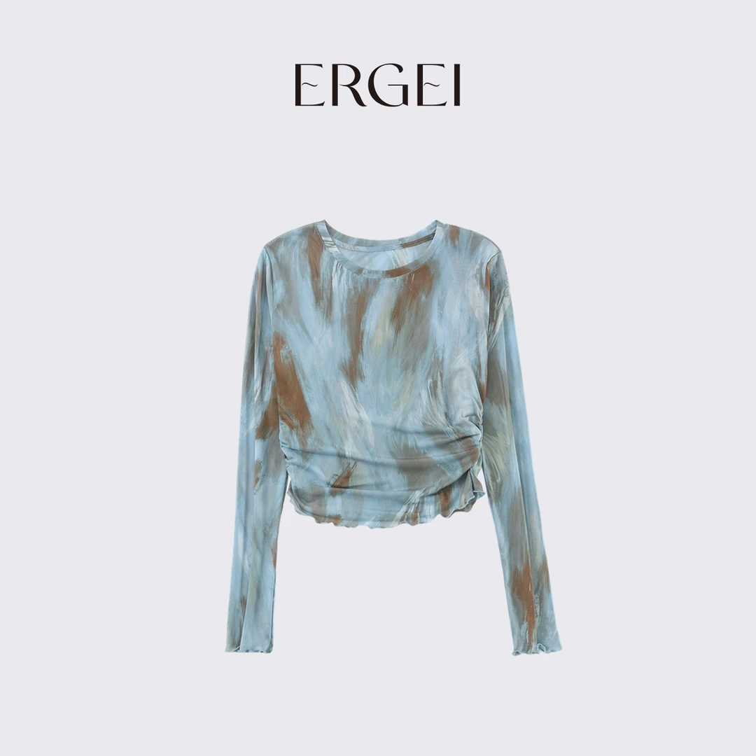 【油画蓝】百搭夏季短款长袖防晒衫女显瘦薄扎染网纱上衣T恤气质