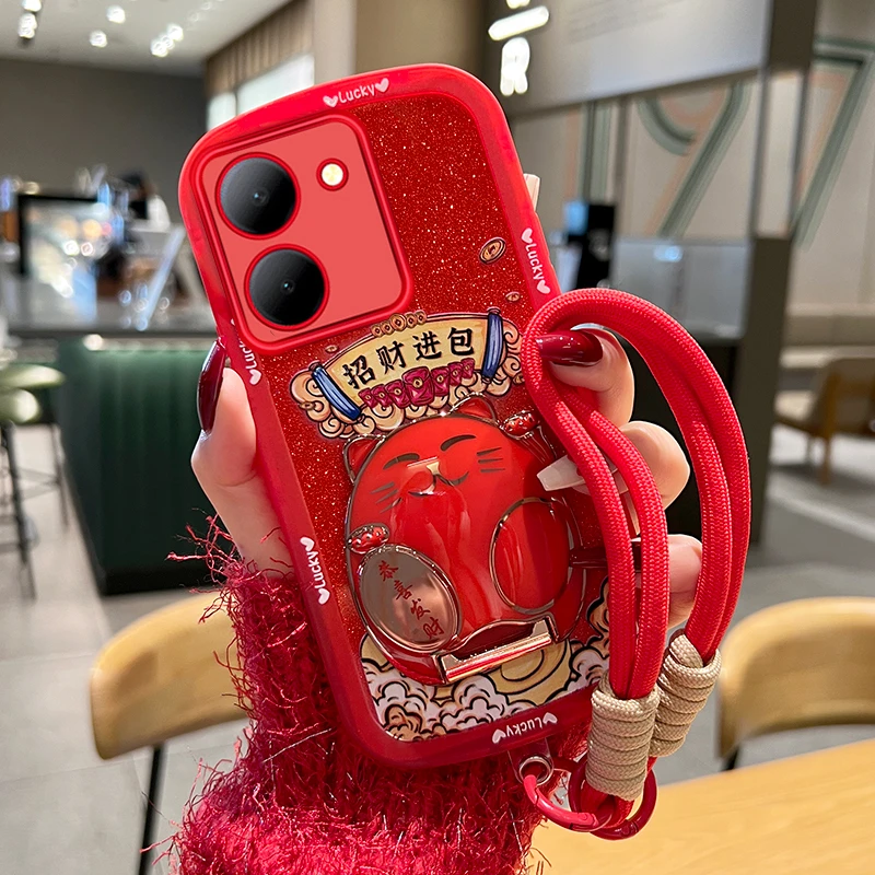 适用vivoy78手机壳y78+国潮猫咪透明硅胶创意支架防摔软壳女新款