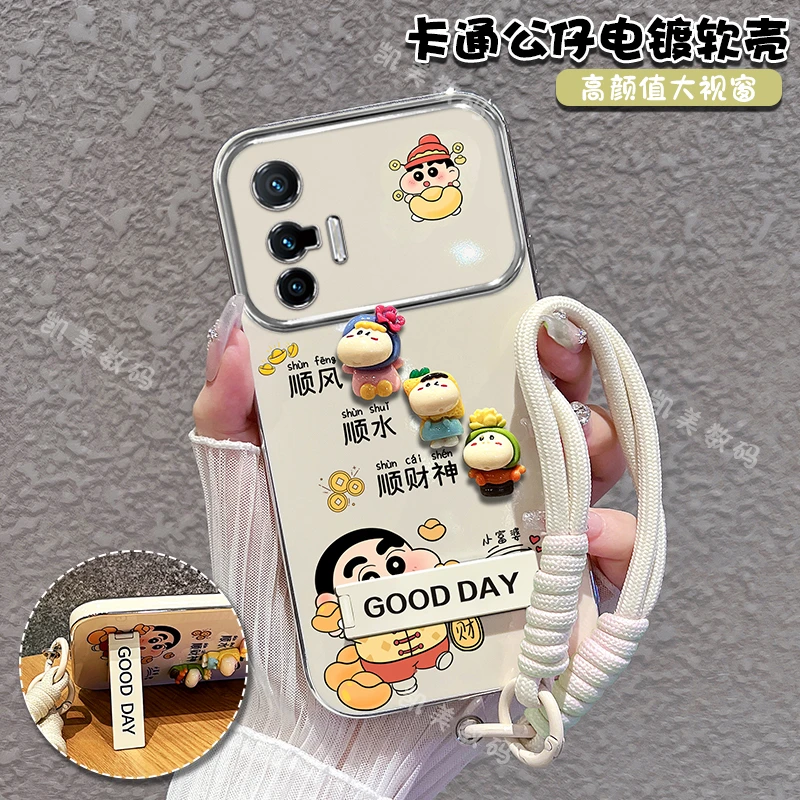 适用vivox70手机壳x70pro小新顺财神大视窗折叠支架防摔女款可爱