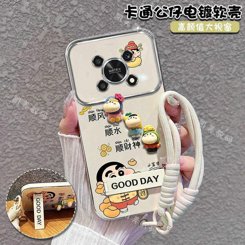 适用荣耀x30手机壳小新顺财神大视窗折叠支架防摔保护套女款可爱