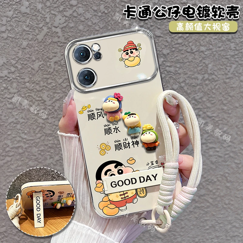 适用opporeno7手机壳reno7pro小新顺财神大视窗折叠支架女款可爱