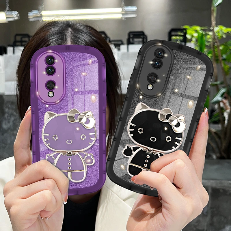适用荣耀70手机壳70pro透明70pro+硅胶猫咪补妆镜支架防摔女款软
