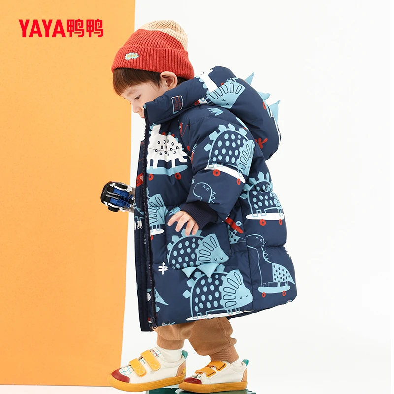鸭鸭冬季男童2024新款儿童小童中长款加厚时尚印花卡通连帽外套