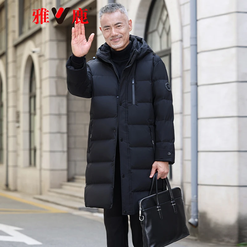 V/雅鹿中老年中长款羽绒服男2025冬季新款加厚款保暖可拆卸帽外套