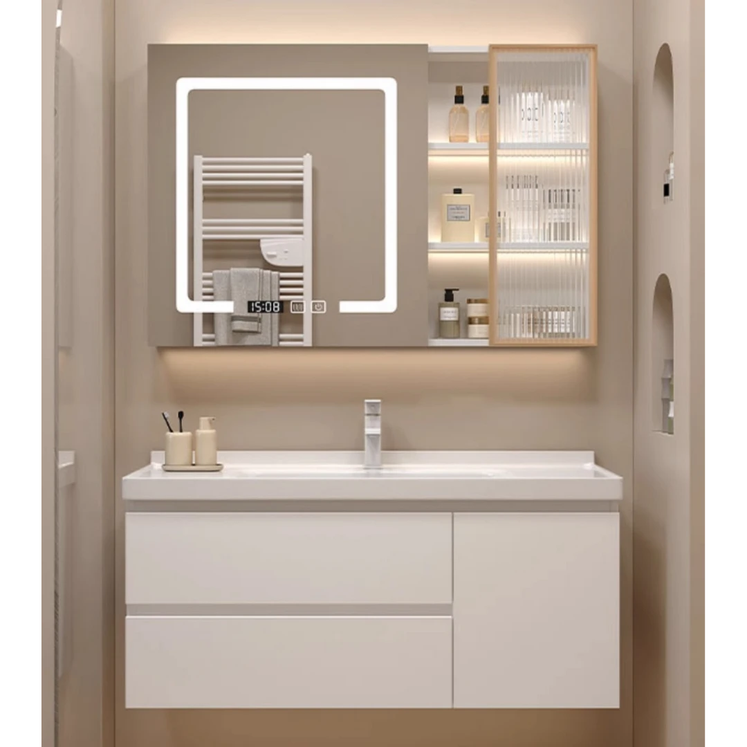 现代简约奶油风实木浴室柜组合陶瓷一体盆洗手脸盆柜洗脸柜一体盆