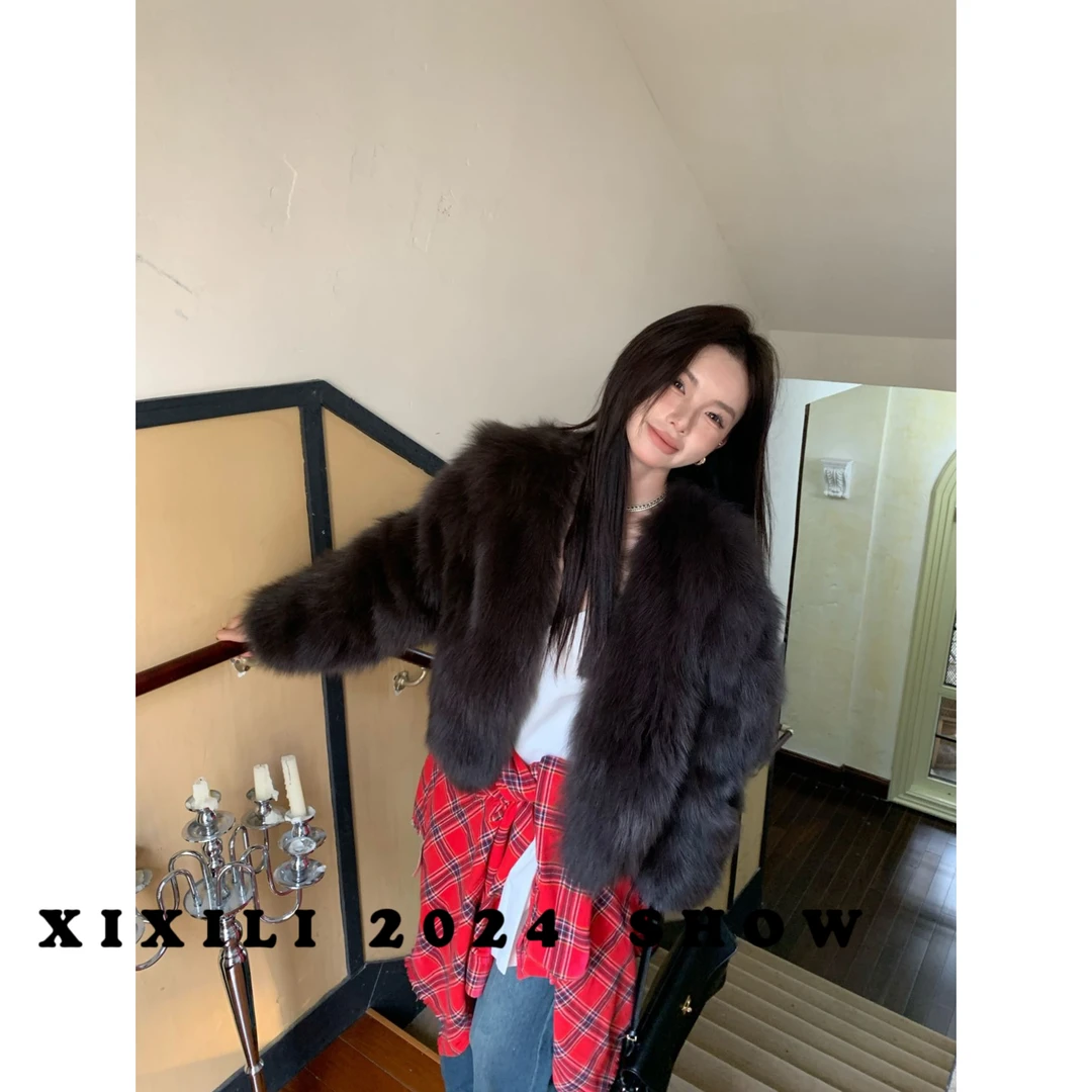 XIXILI“乌木灰棕2.0”2024新款冬季时尚网红风皮毛一体毛毛外套