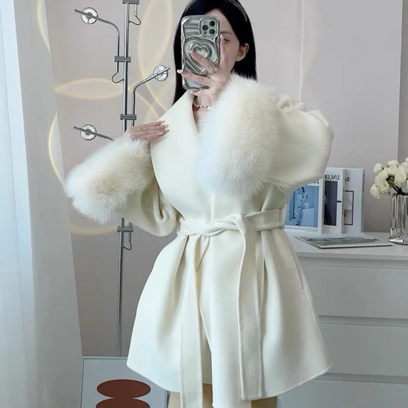 【5255】新款狐狸毛双面羊毛大衣女中长款慵懒风高级感双面羊绒外套