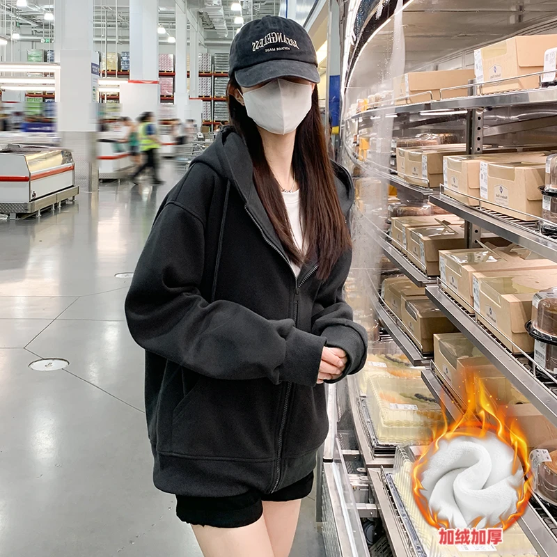 特厚绒连帽卫衣秋冬季2024新款爆款小个子慵懒风大码外套开衫上衣