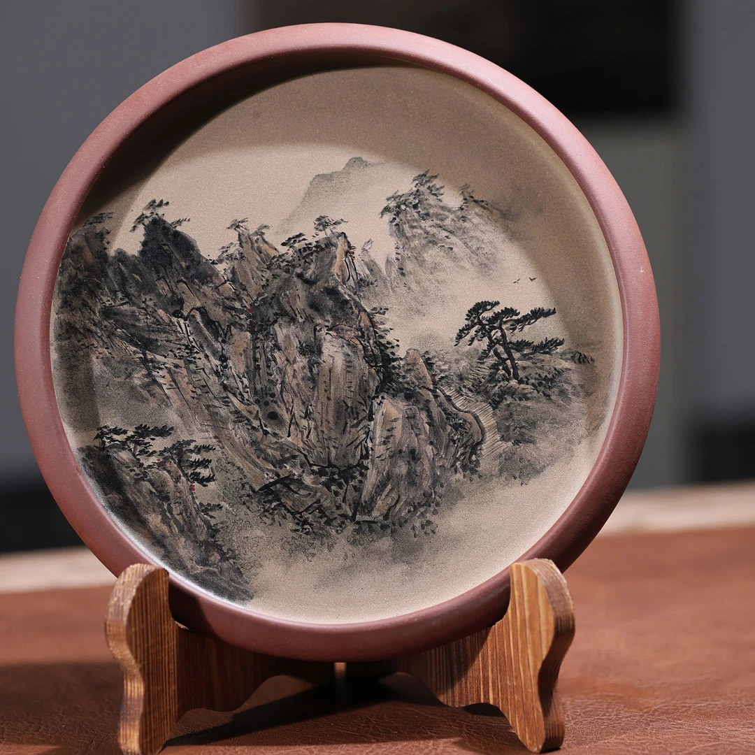 宜兴紫砂 干泡台赏盘壶承 简约中式圆形茶托盘 手工制作彩绘上色