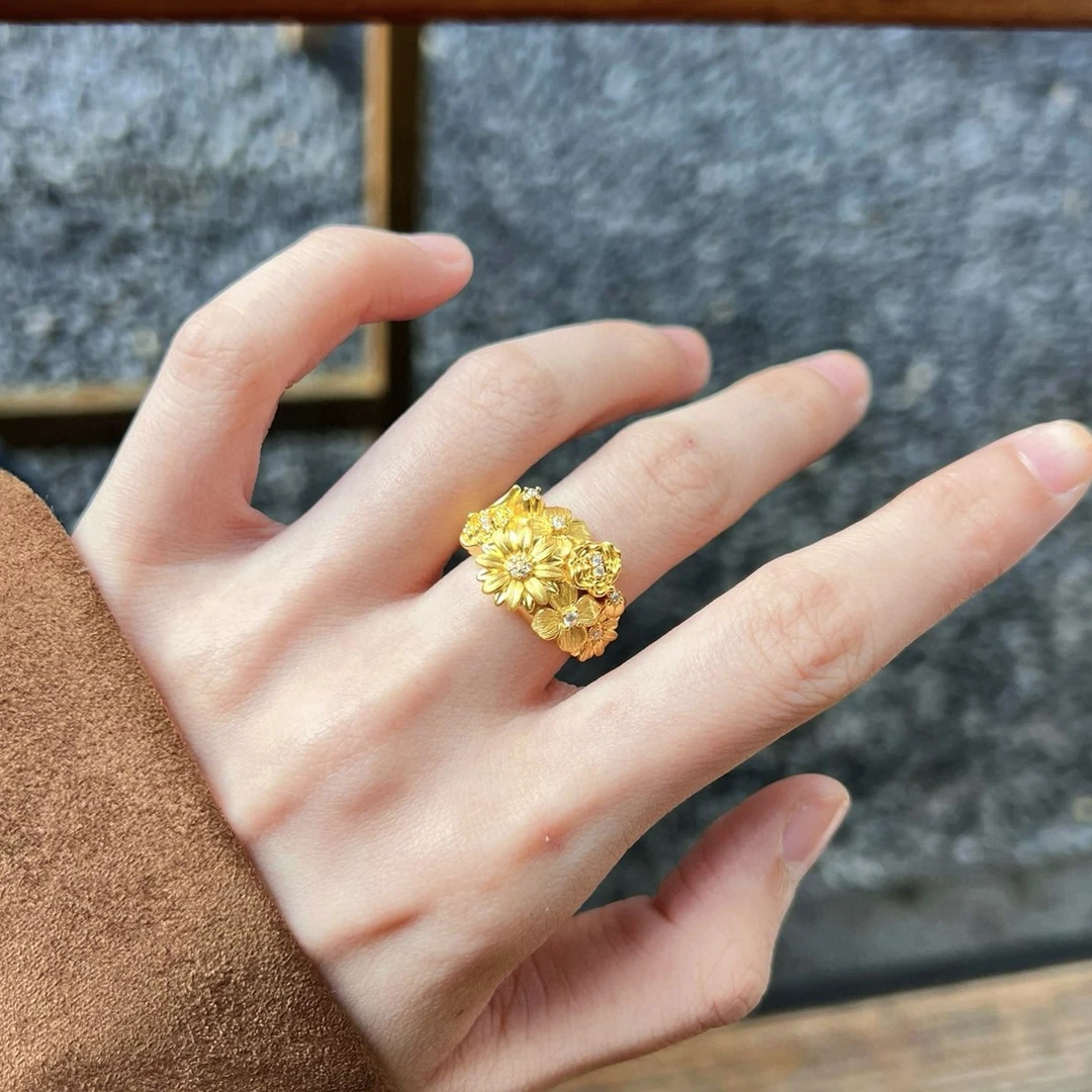 足金繁花锦簇戒指5D黄金花朵戒指轻奢