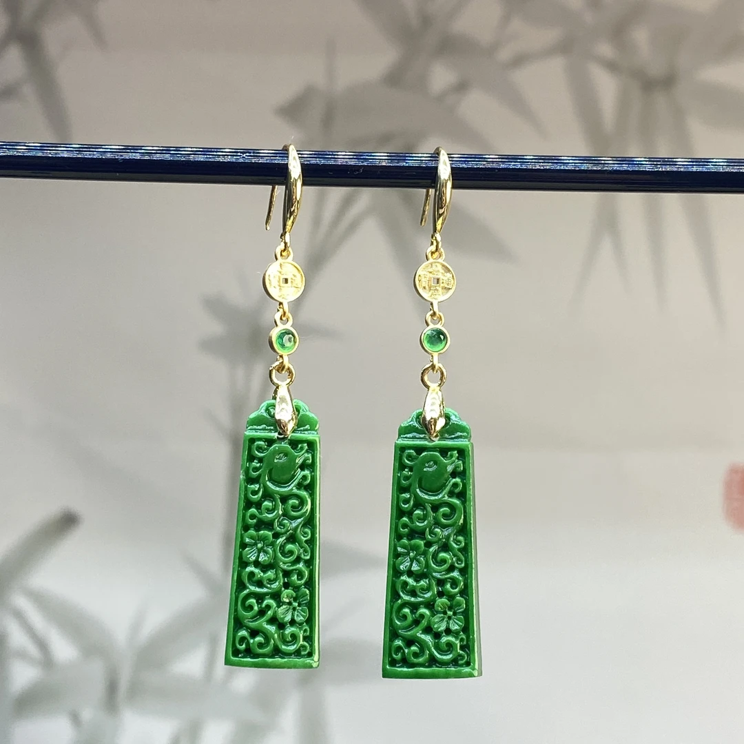 合金耳饰 绿色长款雕刻耳坠Z21加粗耳钩时尚女款百搭耳环气质耳钩