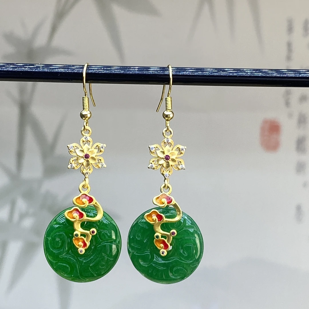 合金耳饰 绿色平安扣耳坠 Y49 精品雕刻回纹路双面女款耳环耳钩