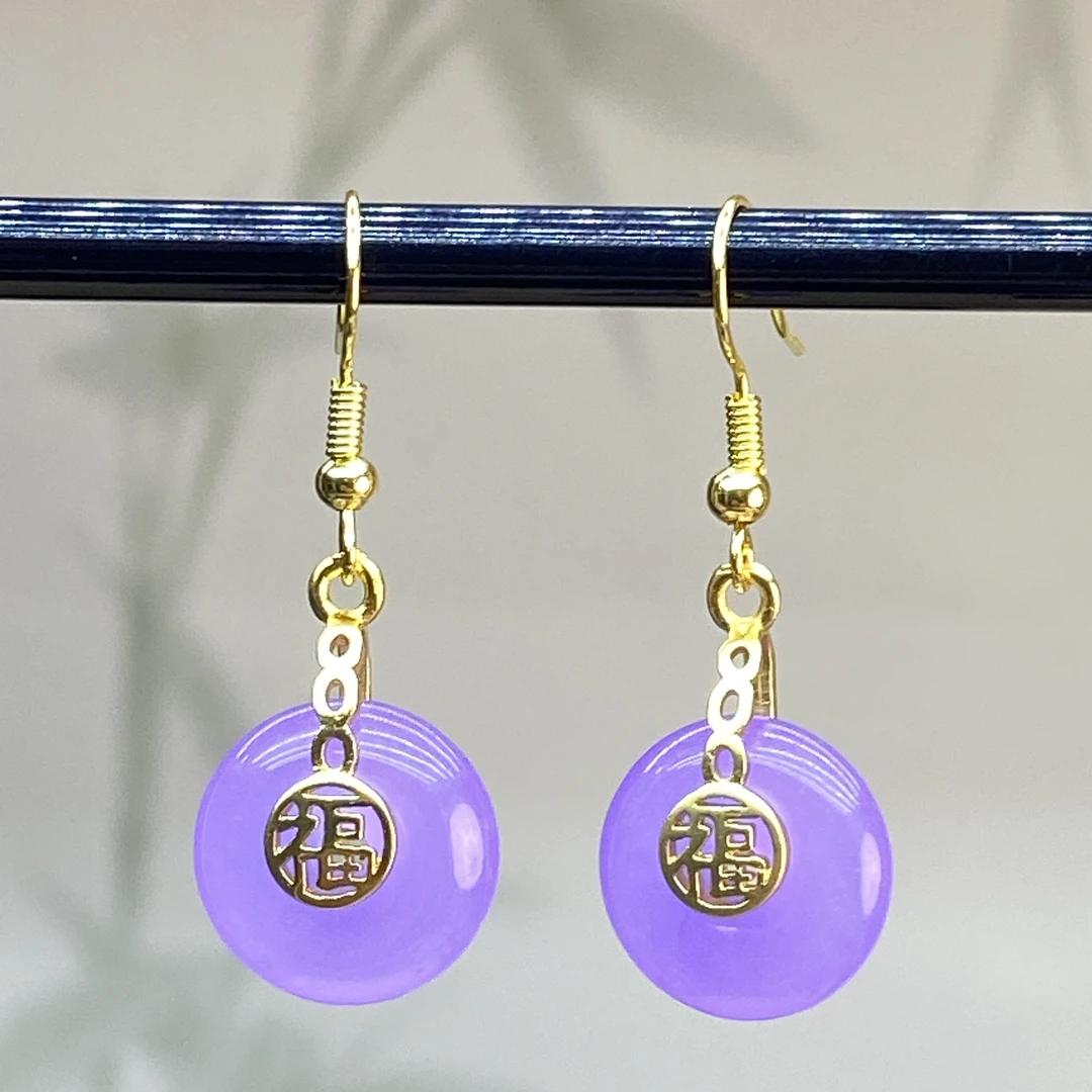 合金耳饰 紫色平安扣耳坠R3新款福字扣女耳钩长款时尚手工耳环