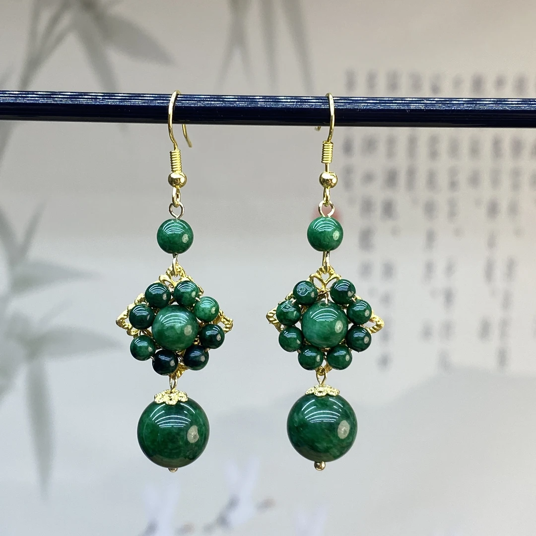 合金耳饰 12mm绿色圆珠子耳坠 Y39 精品diy手工编织女士耳环