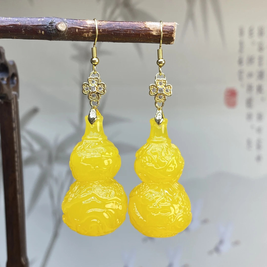 合金耳饰 大号黄色葫芦耳坠 E85 雕刻龙 男女时尚耳环