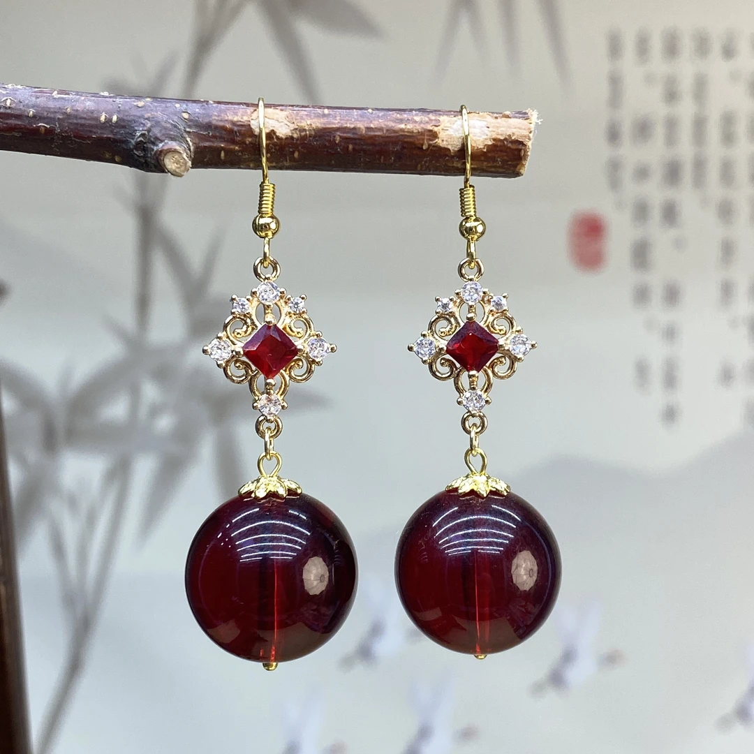 合金耳饰 20mm酒红色圆珠球球耳坠K12潮流豪华金色女耳环