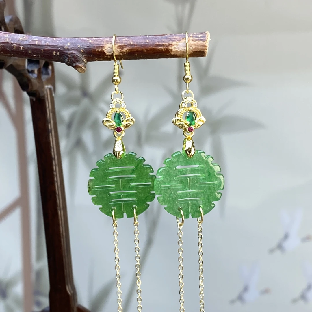 合金耳饰 绿色圆形镂空雕刻耳坠K25喜字长款气质女款耳环加长款