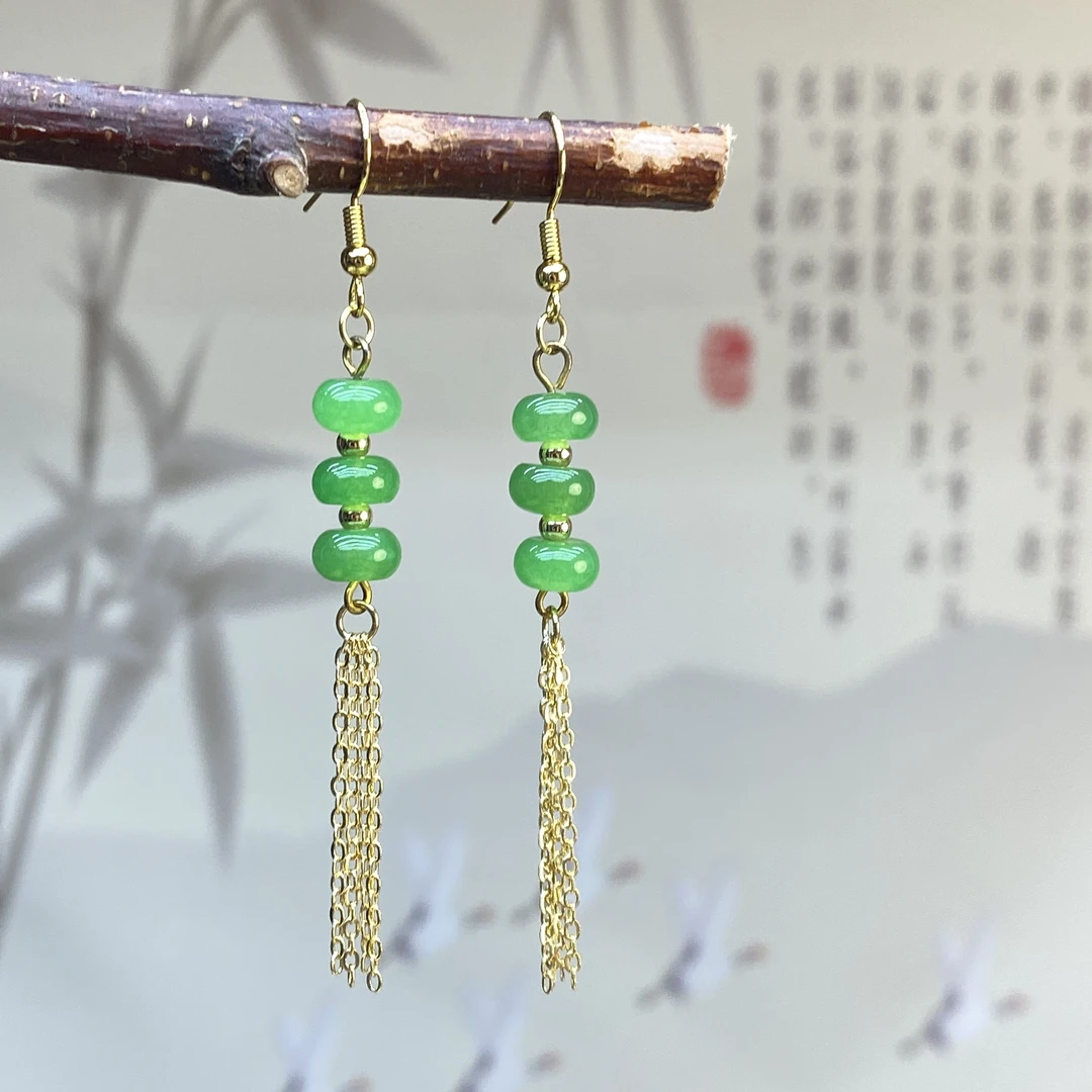 合金耳饰 绿色算盘珠耳坠流苏款A6 时尚流行大气女耳环