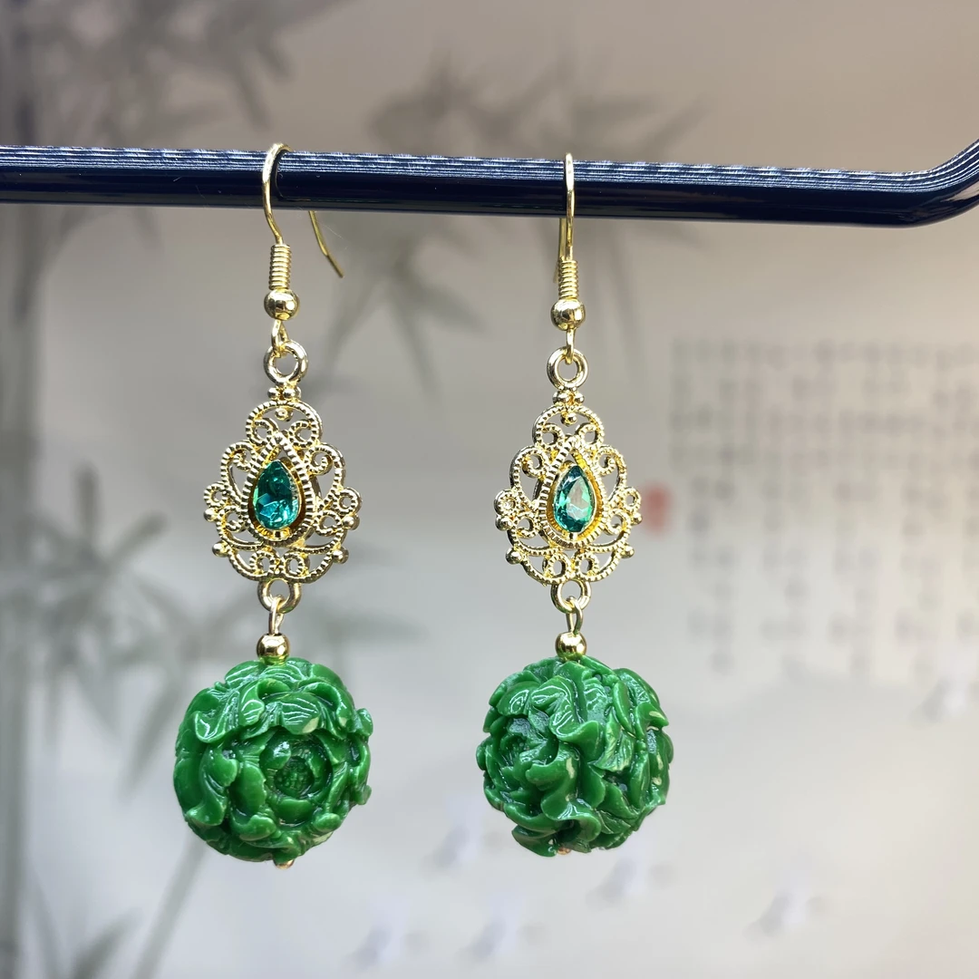 合金耳饰 绿色双面小花耳坠 Z8 立体雕刻花花女款时尚女款饰品