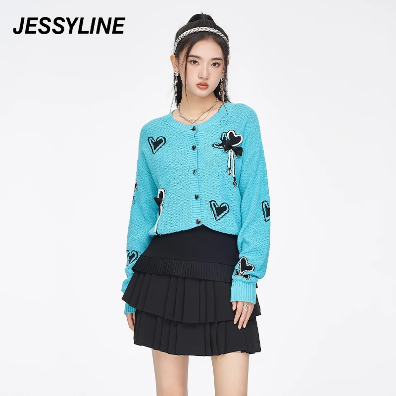 【老板娘夏天】jessyline春季新款女装 杰茜莱蓝色爱心针织开衫女