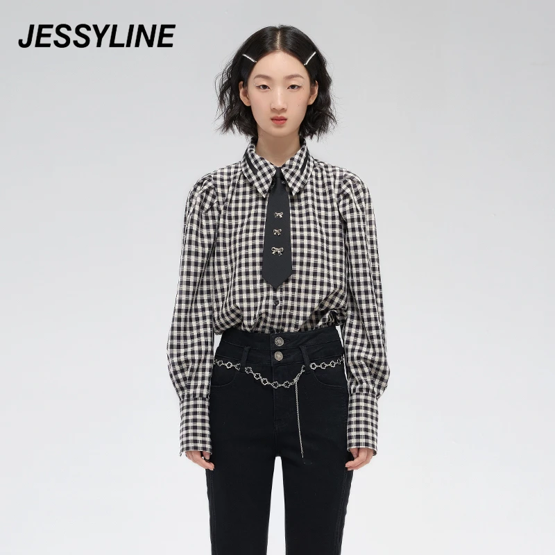 jessyline 秋季新款杰茜莱格子衬衫女黑白格纹复古百搭显瘦潮黑色