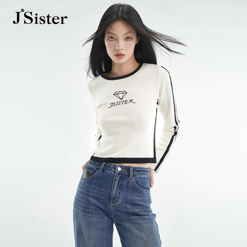 jsister秋季新品 JS简约米白撞色针织衫通勤毛衣内搭秋冬穿搭