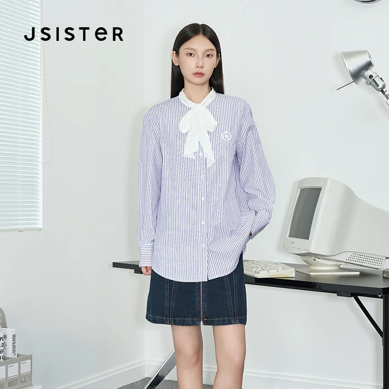 jsister 2024秋装新款 JS女装时尚条纹直筒宽松飘带领法式衬衫 女