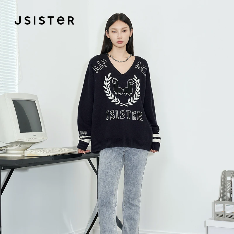 jsister秋冬新款 JS女装时尚字母图案慵懒风V领针织毛衫