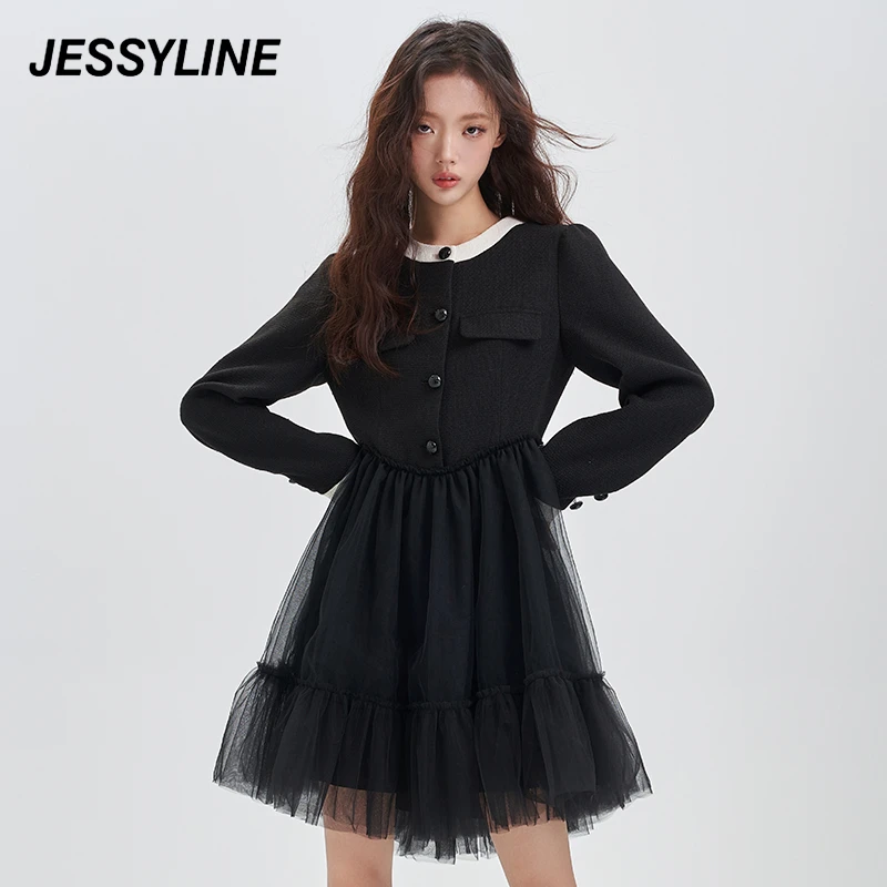 jessyline冬季新款女装 杰茜莱黑色拼接收腰连衣裙