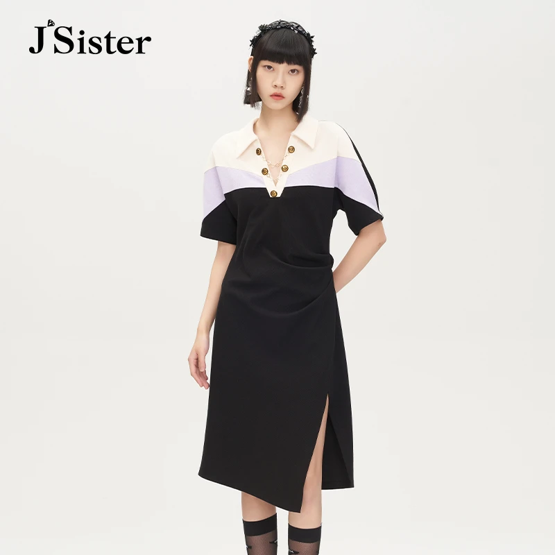 jsister夏装新款 JS女装时尚休闲拼色连衣裙气质polo裙