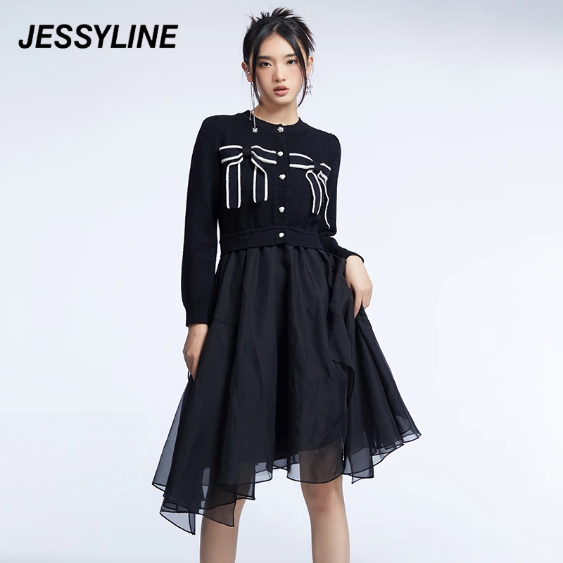 jessyline冬季新款 杰茜莱黑色假两件连衣裙女时尚拼接 245111506