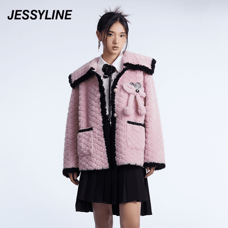 jessyline冬装新款 杰茜莱粉红色毛绒淑女外套时尚保暖百搭拼接