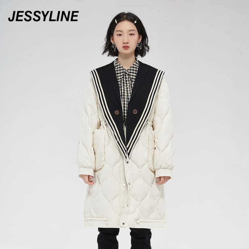 杰茜莱米白色中长款收腰羽绒服女年冬季新品外套潮 jessyline拼接